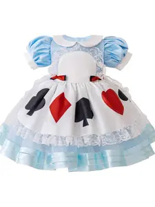 Toddler Girl's Bow Decor Contrast Lace Mesh Fit and Flare Party Dress, Cute Puff Sleeve Round Neck Tiered Layer Dress for Party Wedding Guest, Kids Clothes for All Seasons