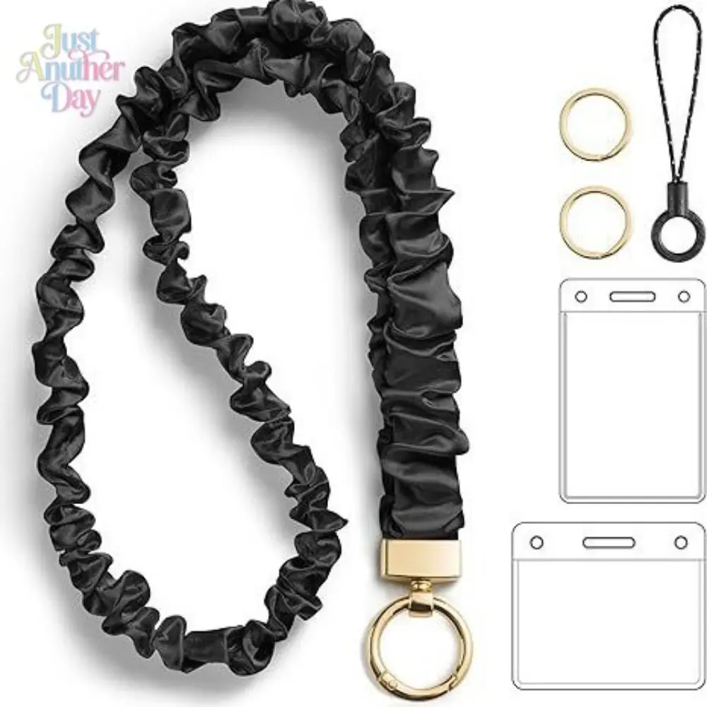 Luxury Scrunchie Lanyard Set, elastic satin-pleated multi-functional strap with gold-tone hardware, includes rings, phone tabs and ID card holders, sleek black design for work badges, keys and phones, combines comfort and high-end style