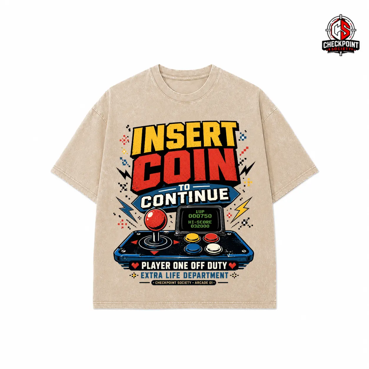 Men's Oversized Washed Retro Arcade Gaming Short-Sleeve Sports T-Shirt - 'Insert Coin to Continue' Controller Graphic Print, Casual Streetwear for Gamer Enthusiasts