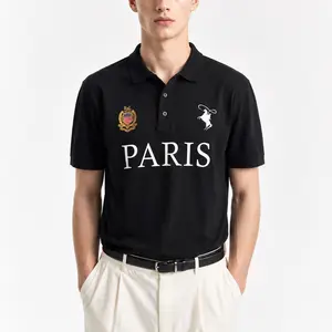 Men's Collared Paris Print Polo Top - Vintage French Streetwear, Classic Oversized Equestrian Essential, Breathable Pique Fabric, Shortsleeve, Badge-Embellished Casual Everyday Shirt