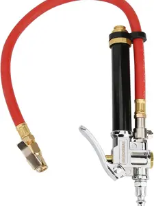 MEASUREMAN Inflador de neumáticos de estilo bayoneta resistente, cuerpo de aluminio, manguera roja de 20 pulgadas, portabrocas de aire con clip, deslizamiento de aluminio, rango 10-130 psi/kpa