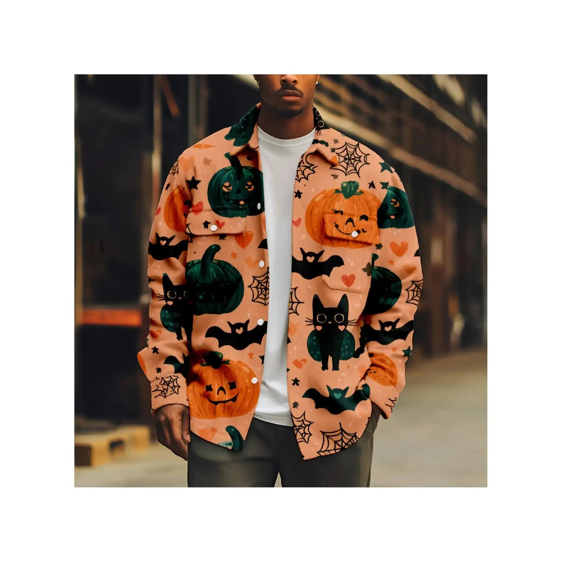 Men's Retro Japanese Harajuku Style Jacket - Vampire & Jack-O-Lantern Print Long Sleeve Coat with Lapel Collar, Button Front Closure, Loose Fit Streetwear Outerwear - Machine Washable Jacket for Halloween Costumes & Party Outfits () - Spooky Jack-O-Lanter