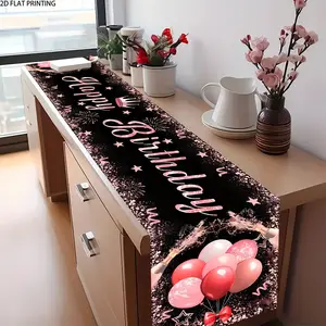 2D flat print, 1 gorgeous Happy Birthday tablecloth, black and pink pattern print design, durable polyester material tablecloth, perfect for birthday parties, kitchen, restaurant, indoor and outdoor decoration
