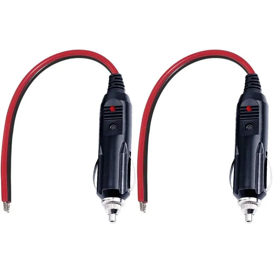 12V Cigarette Lighter Male Plug Set with Lead - 24V Car Power Adapter Auto Accessory, Bakelite Body, 15A Fuse, LED Lights, Cramp/Solder Tinned Terminal for Power Devices