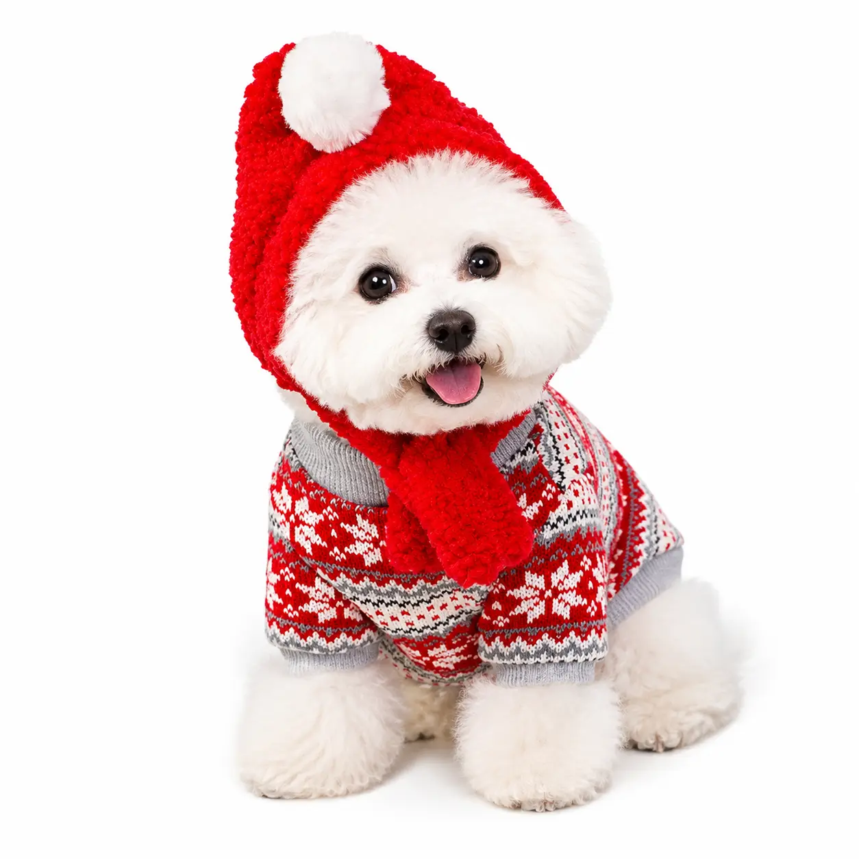 Snowflake Christmas Dog Hoodie Sweater - Polyester, Skin-Safe, Cozy Warm Winter Pet Clothing for Small-Medium Dogs, Detachable Pom Pom Hat Cute Holiday Outfit (Fits Small Cats Too)