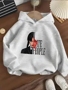 Girls' Wednesday Style Hooded Sweatshirt, Movie Character Letter Print, Dark Style, Skin-Friendly Fabric, Casual Spring & Fall Wear, Graphic Casual Hoodie
