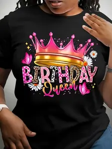 Women's "Birthday Queen" Crown & Floral Graphic T-Shirt - Soft, Crew Neck, Short Sleeve, Casual Summer Top with Pink and Golden Print, Festive Wear | Vibrant Design | Soft Material