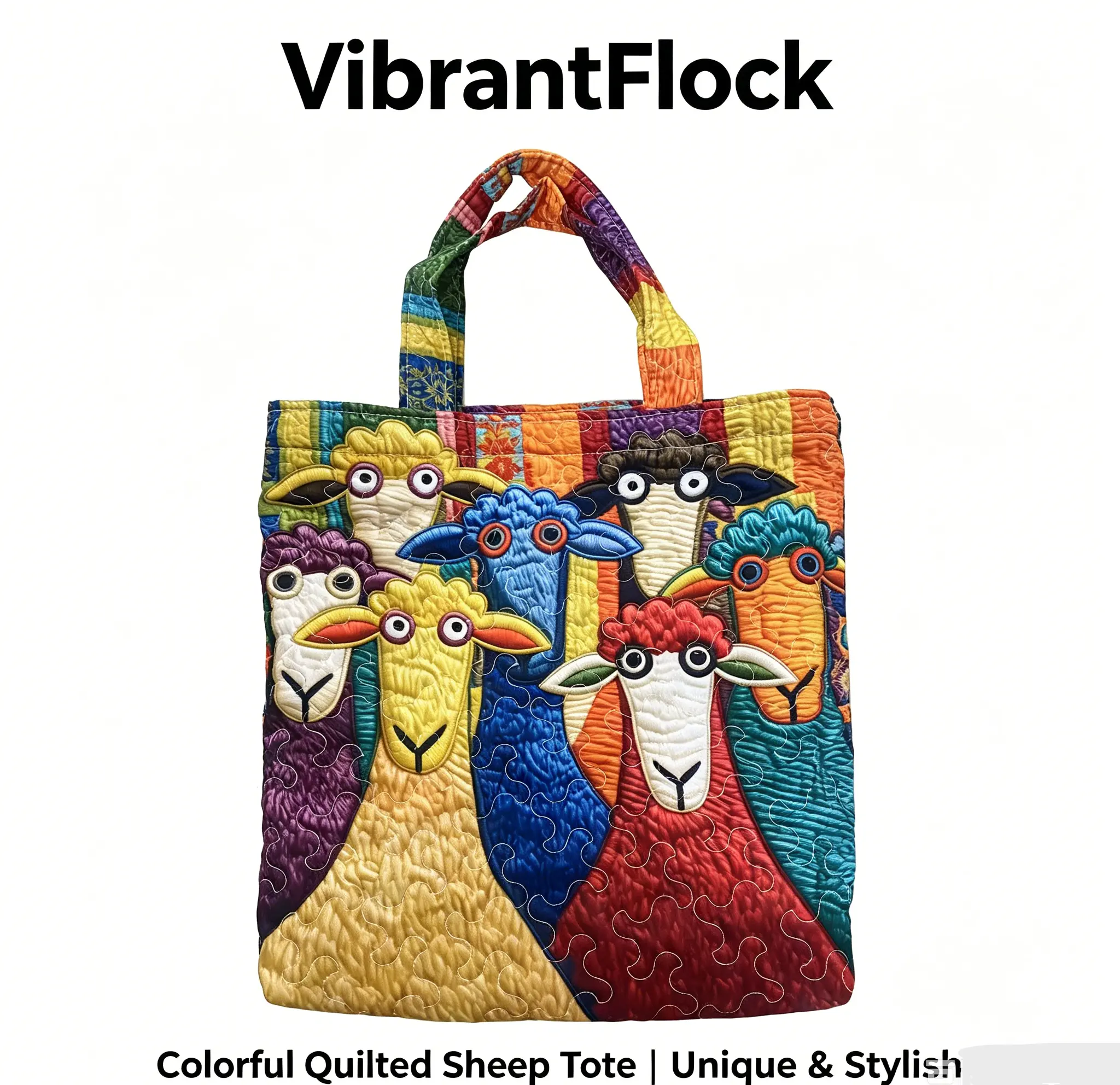 Colorful Sheep Print Quilted Tote Bag Spacious Everything Bag for Summer, Graduation & Daily Use Vibrant Sheep Quilted Tote Bag 17" Large Capacity, Digital Print Shoulder Bag for Beach & Travel Patterned Bag