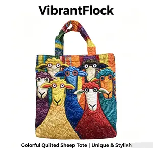 Colorful Sheep Print Quilted Tote Bag Spacious Everything Bag for Summer, Graduation & Daily Use Vibrant Sheep Quilted Tote Bag 17" Large Capacity, Digital Print Shoulder Bag for Beach & Travel