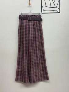 Pleats Belted Plaid Wide Long Pants - Stylish Classic Plaid Pattern Wide Leg with Pleats and Belt for Versatile Wear