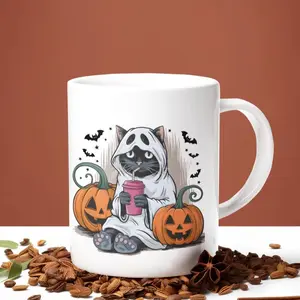Ceramic Mug, Halloween Cat Ghost Coffee Cup, Cute Spooky Drinkware, Witchy Tea Mug, Fall Kitchen Decor, Funny Mugs for Cat Lovers