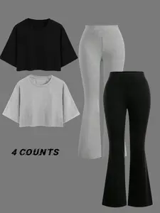 Women's Solid Color Fitted Fabric Top & Flare Leg Pants Matching Set, Womenswear Casual Fashion Cozy Round Neck Top & Flared Bell Bottom Trousers for Daily Outdoor Wear, Ladies Summer Clothes, Going Out Sets