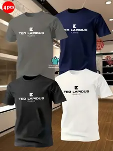 4-Pack Ted Lapidus Men's T-Shirts, Soft Breathable Polyester, Geometric Print, Casual Loose Fit, All Seasons, Modern Comfortable Clothing