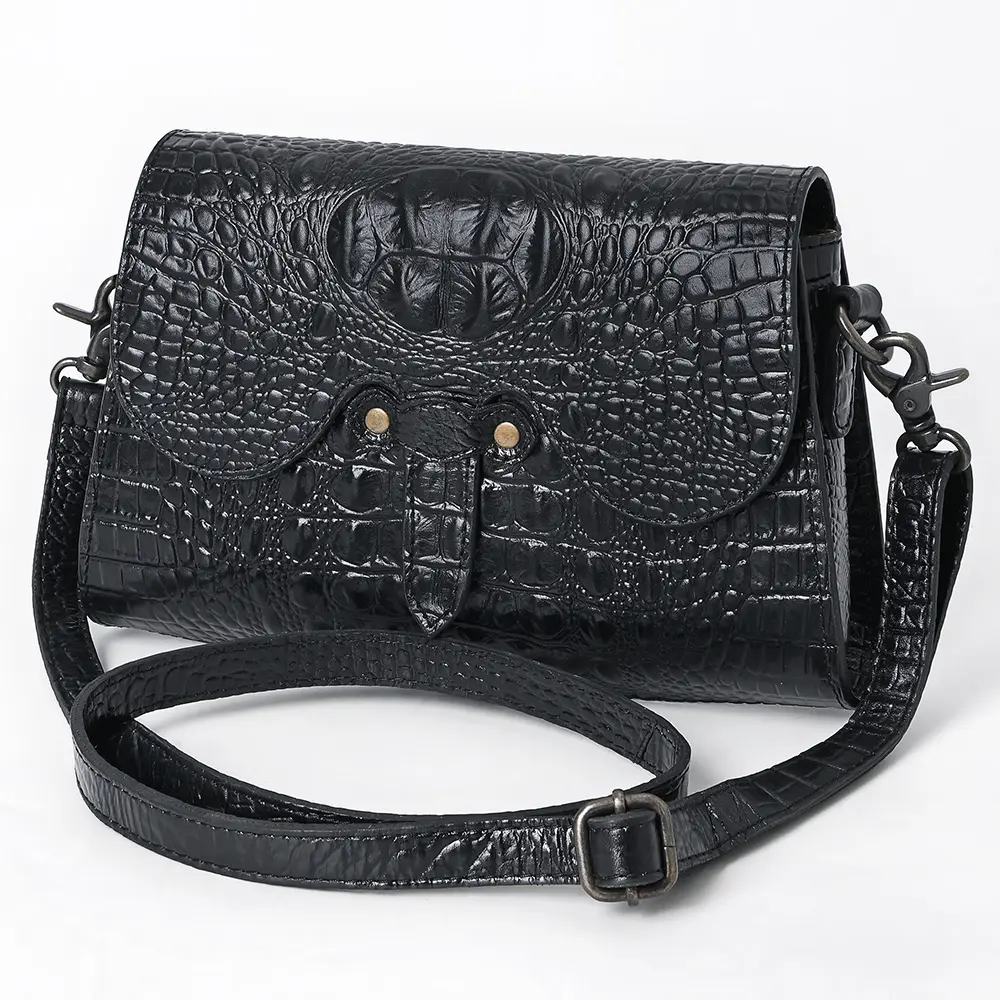 American Darling Black Crocodile Embossed Leather Cross Body Bag with Genuine Leather Build, Western Craft Detailing, Adjustable Strap & Organized Interior
