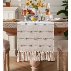 Boho 108 Inchs Long for Farmhouse Room Home, Grey and Beige Coffee, Natural Cotton Woven with Tassels, for Dining Table