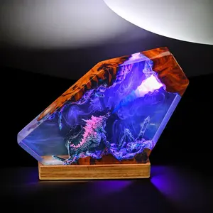 Handcrafted Epoxy Resin Kaiju Monster Figurine Diorama with Wood Base - King Beast Dragon Ornament Desk Decor Gift Collectible Art Piece
