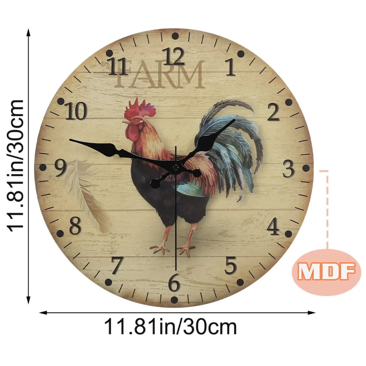 12-Inch Quiet Wooden Rooster Decor Wall Clock, Battery-Powered Room Decor for Nurseries, Living Rooms, Ideal for Christmas & Birthday Gifts