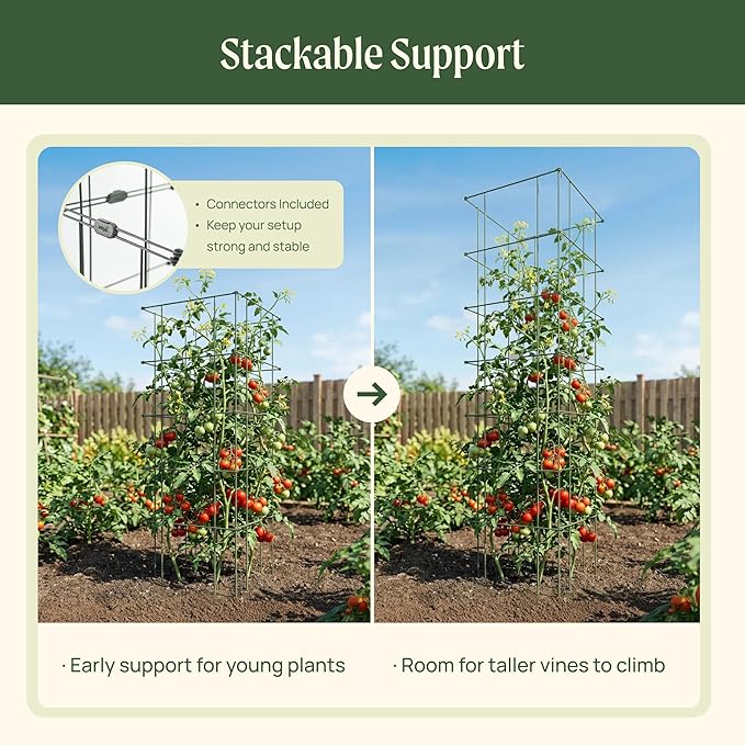 Vego Garden Tomato Cage 16.5" Square Heavy-Duty for Garden & Pots, Rust-Resistant Tomato Stackable Heavy Gauge Plant Cage Trellis Support for Climbing Vegetables Plants