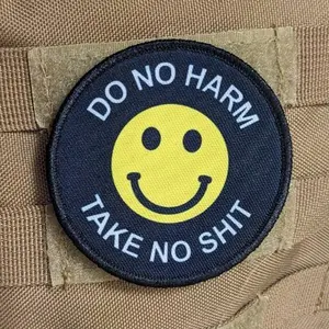 Do no harm take no shit smile meme 3" circle removable morale patch with hook and loop backing