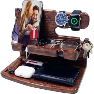 Gifts for Men Women Dad Husband Boyfriend  Phone Docking Station Nightstand Organizer for Men Birthday Gifts (Dark Brown)