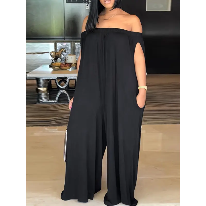 Women'S Plus Size Elastic Strapless Bandeau Jumpsuit, Polyester 95% Elastane 5% Knit Fabric, Long Length with Pockets, Medium Stretch, H Fit for Spring/Summer - No Belt