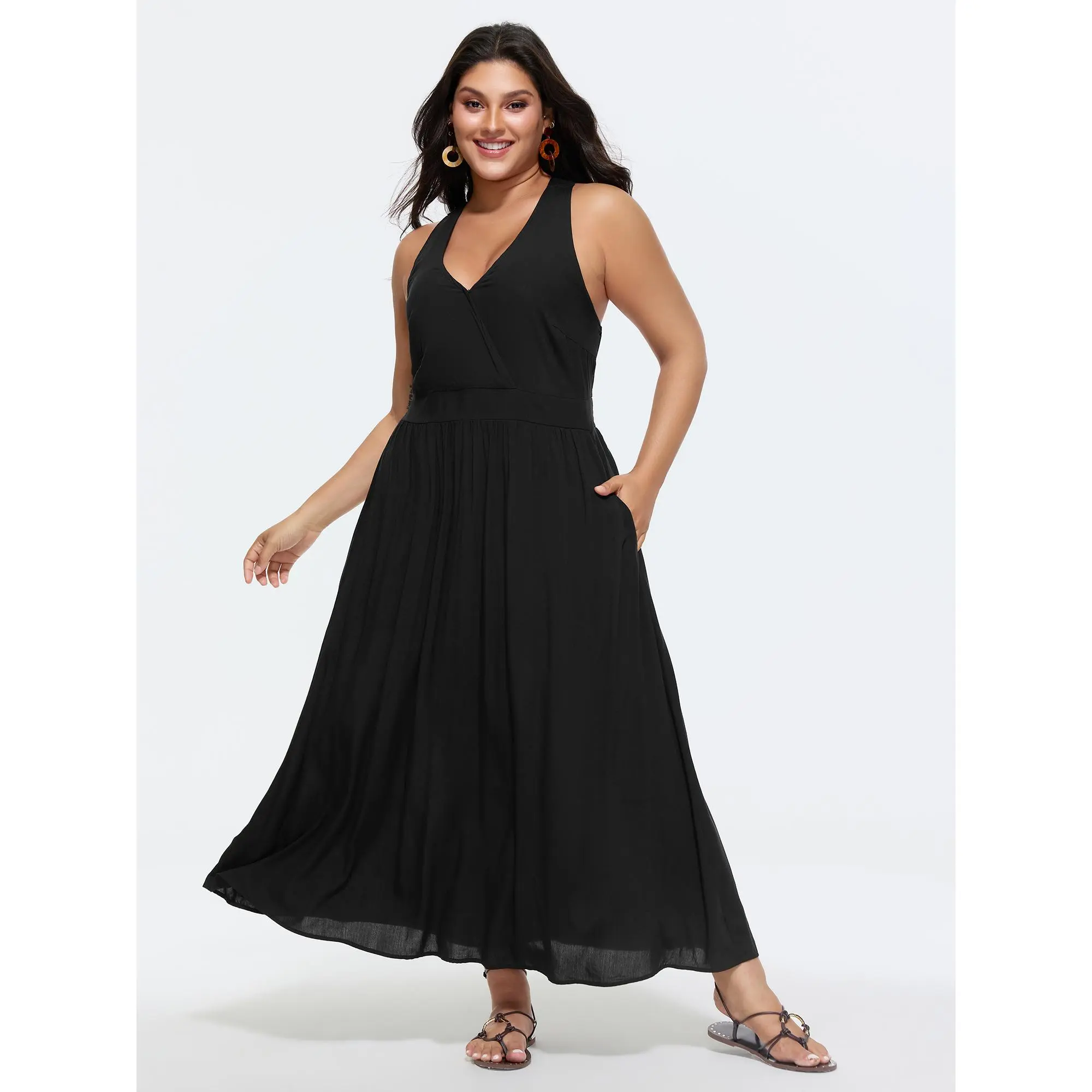 BloomChic Women's Plus Size Basic Boho Casual Sleeveless Maxi Dress - Smooth Plain Rayon Fabric, Shirred Bodice, Flowy Longline Fit, Functional Pockets, Pull-On Design, Curvy Clothing, Cold Wash, Do Not Tumble Dry, Summer Wear, Plus Size Dresses, Boho Clo