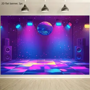 2D planar diagram, 1 piece of 2D disco-themed background fabric, with colored lights, speakers and dance floor design, is an ideal party decoration - suitable for background decoration of props parties.