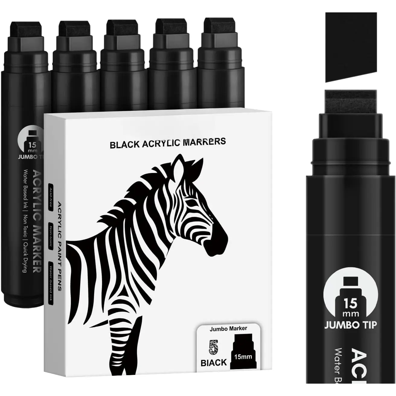 Black Poster Markers : 5 count 15mm Wide Tip Thick   Pen Large Permanent Calligraphy Markers for Rock Painting, Stone, Poster, Canvas, Glass, , Ceramic