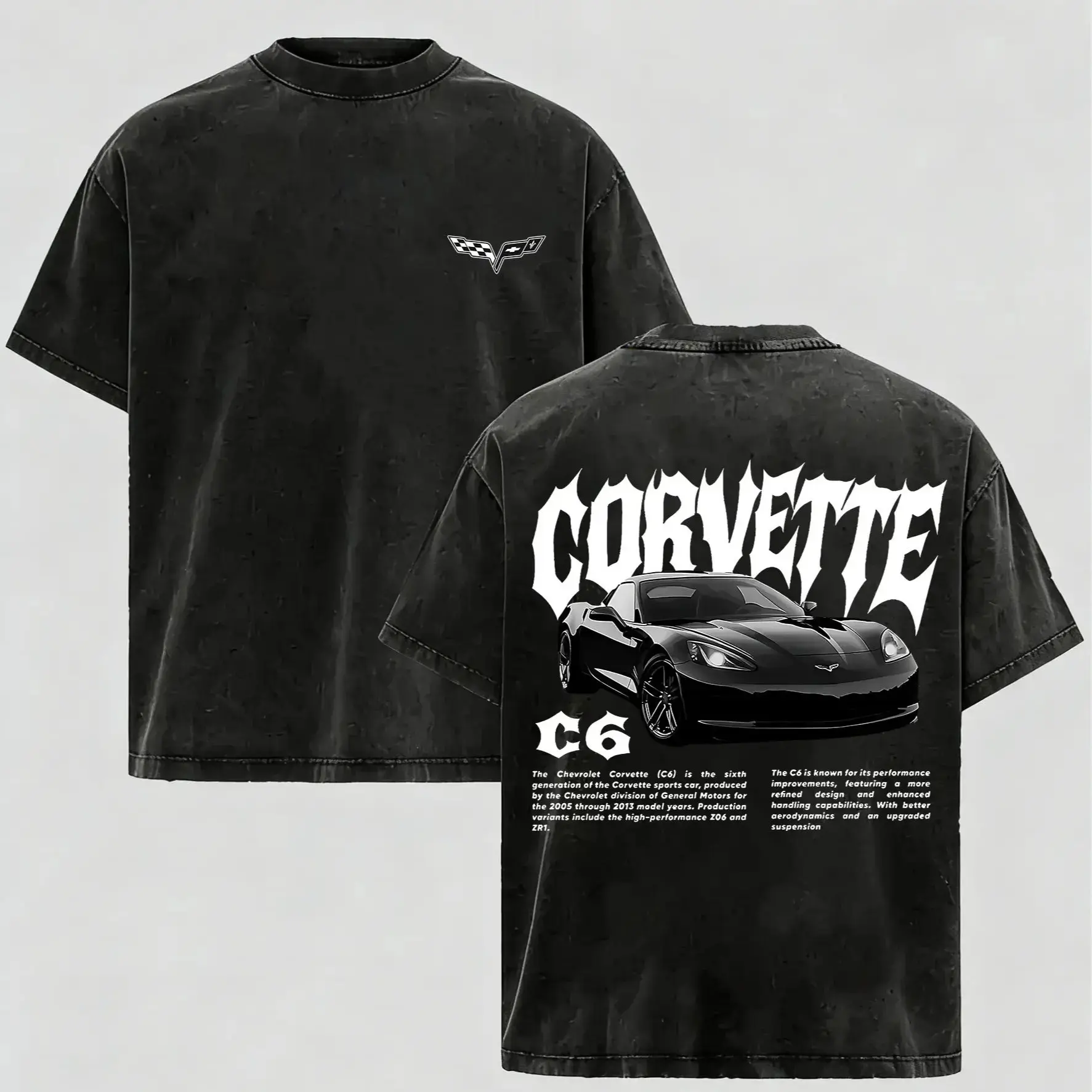 Men's Oversized Round-Neck Short-Sleeve Graphic T-Shirt - Vintage Washed Corvette C6 Print, Soft Cotton Fabric Garment, Menswear Casual Streetwear