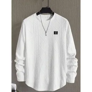 Men's Regular Fit Patched Detail Textured Knit Tops, Knitwear Sweatshirt, Nit Casual Long Sleeve Round Neck T-shirt for All Seasons, T Shirts for Men, Fashion Men's Knit Top for Daily Wear, T Shirts for Men