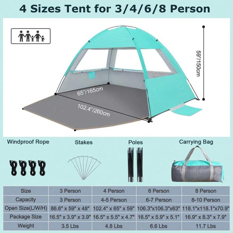 Beach Tent Sun Shelter For 3/4-5/6-7/8-10 Person, UPF 50+ UV Protection Beach Canopy, Lightweight And Easy Setup Cabana, Portable Beach Shade Tent
