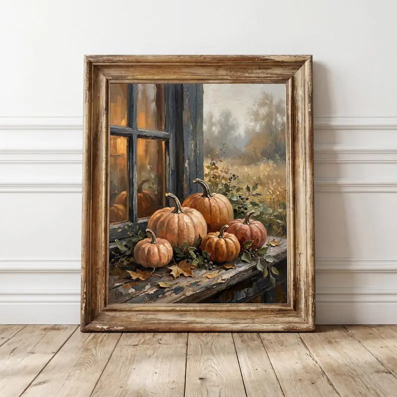 Vintage Pumpkin Porch Print, Rustic Fall Wall Art, Thanksgiving Decor, Cottagecore Autumn |Frameless Poster