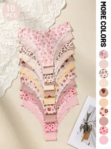 10-Pack Women's Seamless Glue-Free Thong Underwear, Invisible Laser-Cut Panties, Heart & Leopard Ice Silk Triangle Briefs, Breathable Low-Waist Set, Heart Pattern Brief