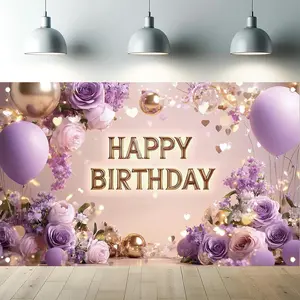 A purple and gold "Happy Birthday" backdrop tapestry with flowers, balloons, and flashlights, perfect for girls' party decorations, birthday tapestries, and photo props.