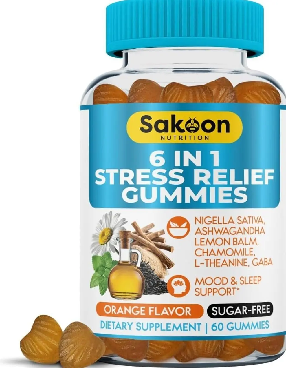 6-in-1 Stress Relief Gummies 60ct - Aids Relaxation with Ashwagandha, GABA, L-theanine, Lemon Balm, Chamomile, Black Cumin Seed Nigella Sativa. Improved Deep Sleep, Joint Support - 60 gummies