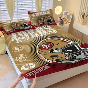 Football Team Inspired Helmet Print Fitted Sheet Set, 1 Fitted Sheet + 2 Pillowcases, Gold Red Sports Themed Bedding, Soft, Comfortable & Breathable Microfiber, All Season Use, Deep Pocket, Non-Slip, Wrinkle & Fade Resistant