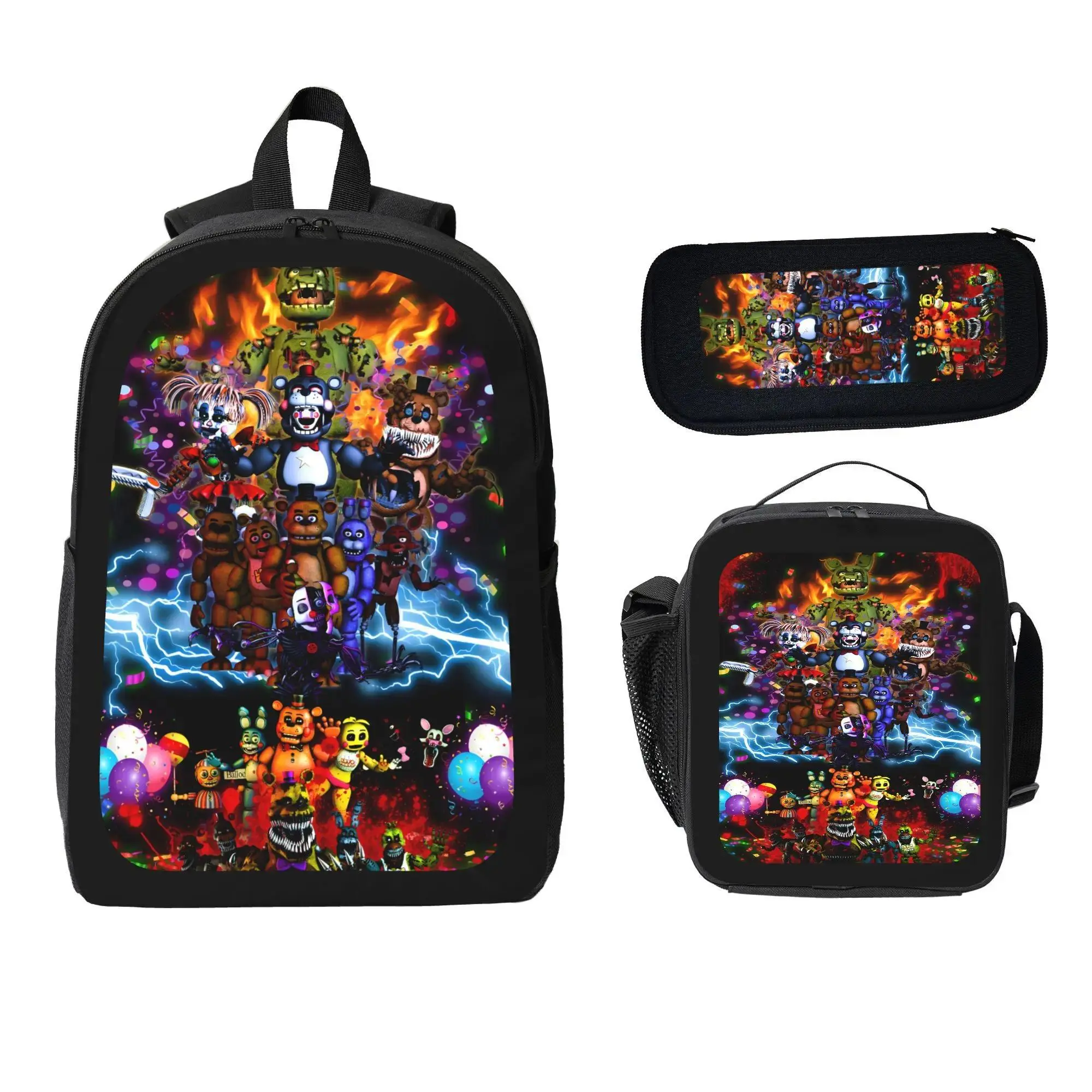 Unisex 5 Nights at Freddy's Horror Preppy Polyester School Backpack with Organizer Storage, Cute Cartoon Zipper, Lunch Box, Pencil Case, Lightweight Functional Gift Bag, Schoolbackpack