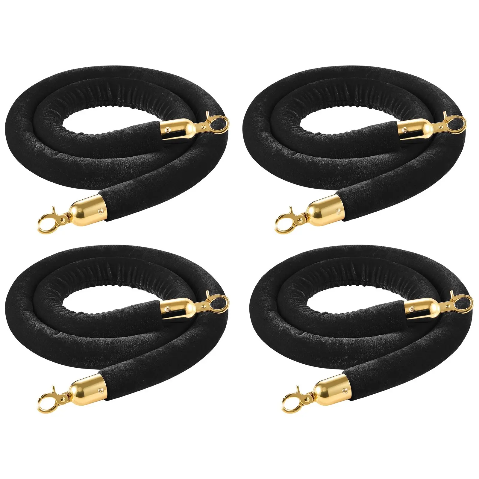 4 Pack Black Velvet Stanchion Ropes, 5 Ft Crowd Control Ropes With Gold Hooks, Post Queue Barrier Rope For Carpet Events, Movie Theaters, Grand Openings, Hotels, Parties, Venues, Durable Velvet Rope Set