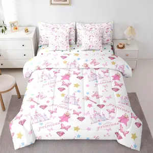 Princess Comforter Set with Sheets 7 Piece Cartoon Castle Bedding Set for Kids Boys Girls Cute Butterfly Bed in a Bag Magic Room Decor Soft Lightweight Microfiber