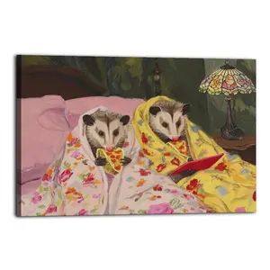 Pizza Night Quirky Animal Opossum Hhumor Artwork Artistic Wall Decor, Waterproof Canvas Poster, Cute And Vibrant Poster for Bathroom, Living Room, Bedroom, Dorm, A Perfect Gift Idea for New Year Home Decor