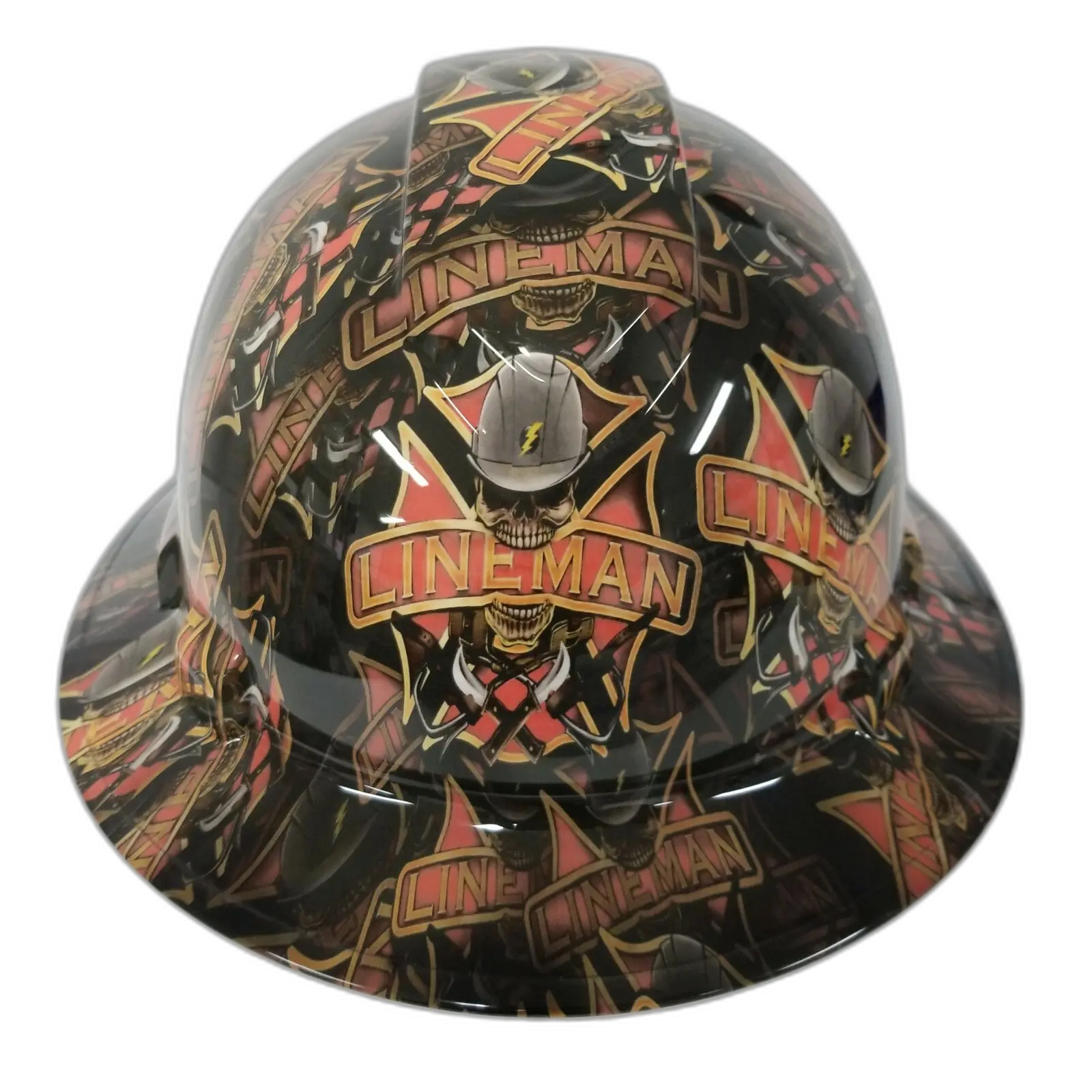 Lineman Lightning Bolt Skull - Custom Hydro Dipped Full Brim Hard Hat