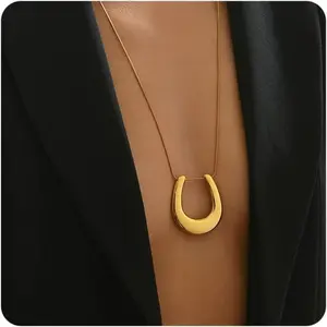 Horseshoe Sun Pendant Necklace 18K Gold Plated, Satellite Beaded Snake Chain Long Statement Jewelry, Christmas Good Luck Gift Customizable Everyday Wear