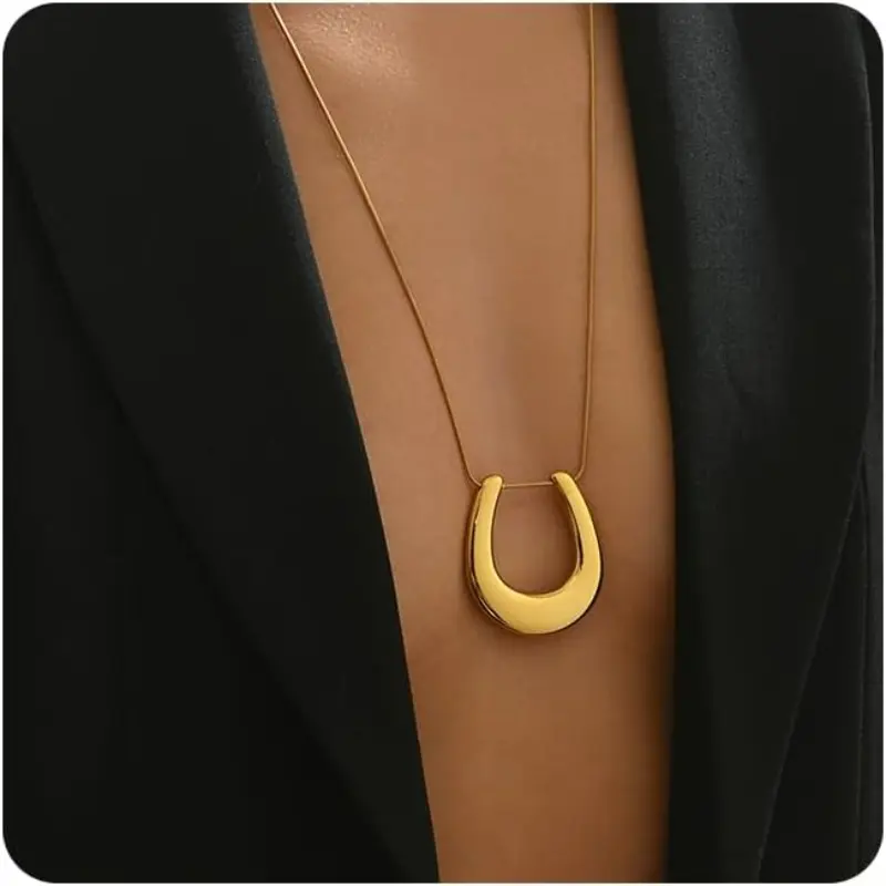 18K Gold Plated Horseshoe Sun Pendant Necklace, Satellite Beaded Snake Chain Long Statement Jewelry, Customizable Christmas Good Luck Gift for Everyday Wear