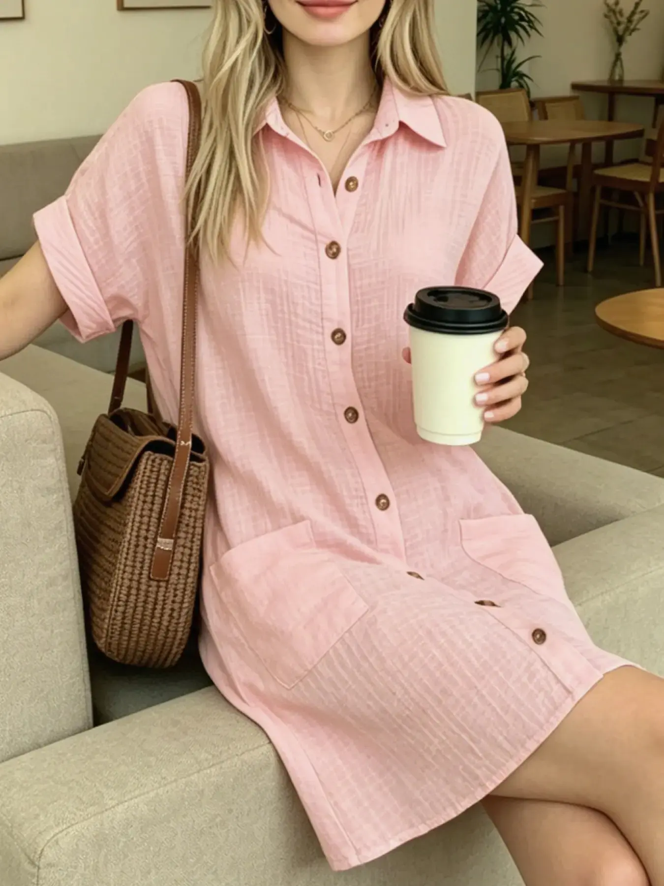 Shirt Dress Short Sleeve Collared Pockets Basic Casual Women Summer Lightweight Breathable Soft Flowy A-Line Mini Versatile Daily Work Weekend Vacation Beach Travel