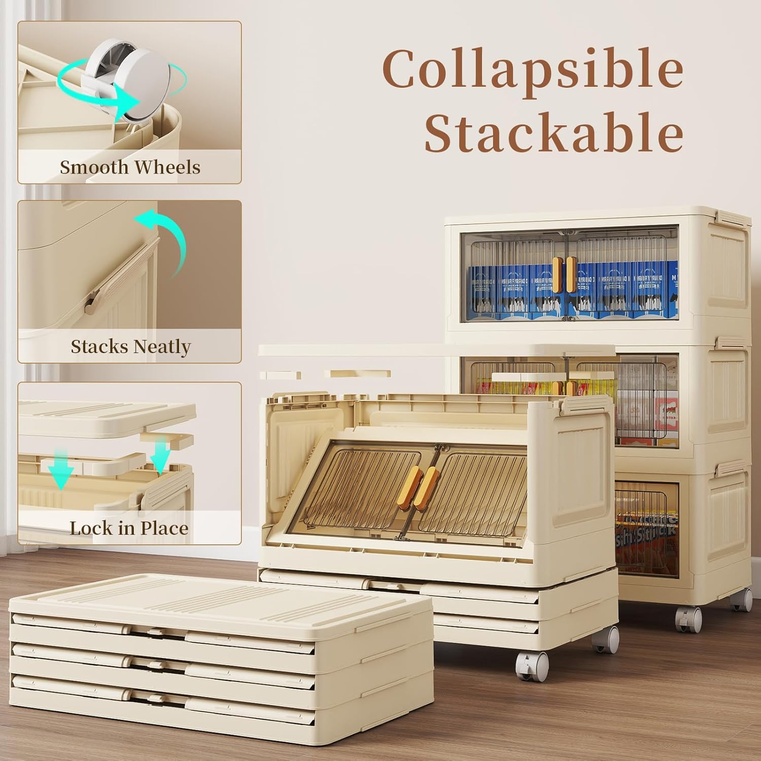 3 Tier Stackable Plastic Storage Bins with Lids Collapsible Closet Organizer on Wheels Space Saving Portable for Living Room Office Dorm and Home