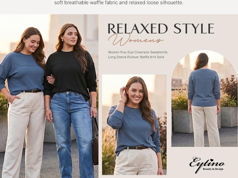 Eytino Womens Plus Size Sweatshirt Long Sleeve Crewneck Waffle Knit Casual Loose Fit Oversized Pullover Shirts Tops(1X-5X)