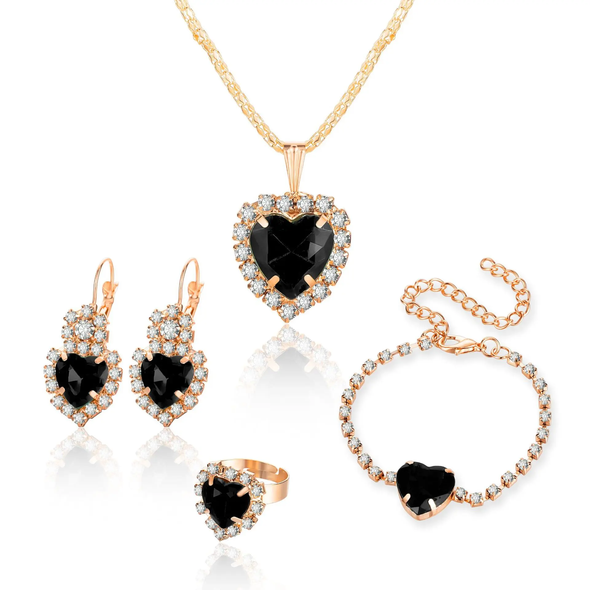 A 4-piece fashionable festival women's jewelry set, including a heart-shaped necklace, a heart-shaped bracelet, a heart-shaped ring and a heart-shaped earring. Suitable for daily wear or as a gift, it is suitable for all female groups.