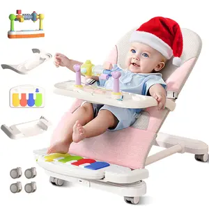Baby Bouncer 4-in-1 with Wheels, Detachable Piano, Feeding Tray, Play Bar, Thick Base. 3-Level Incline Portable Seat for Infant to Toddler 0-6, 0-12, 12-24 Months, Upto 29Lbs