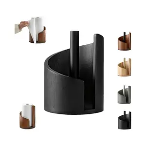 Acacia Wood Paper Towel Holder with Iron Frame, Spiral Design and Round Base for Bathroom or Kitchen Countertop, Fits Standard US Paper Towel Rolls, Stable Storage Organizer for Home Decor, Bathroom Organizing Accessories