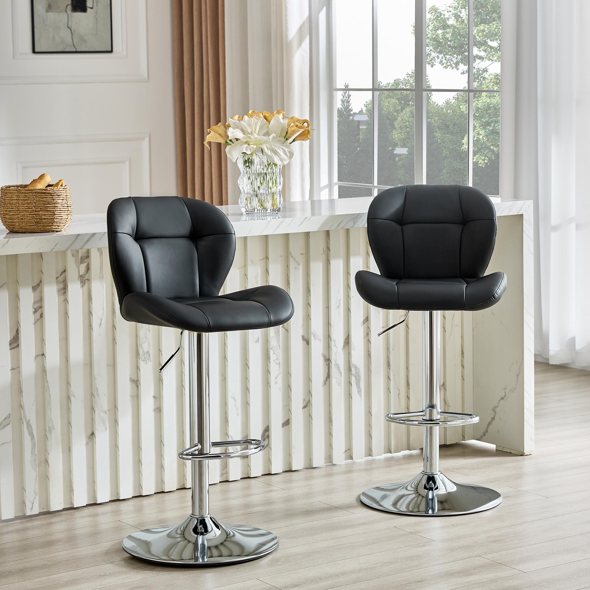 Set of 2 Adjustable Bar Stools, PU Upholstered Tufted Backrest Chairs with Chrome Footrest for Kitchen Island Pub Bar, White